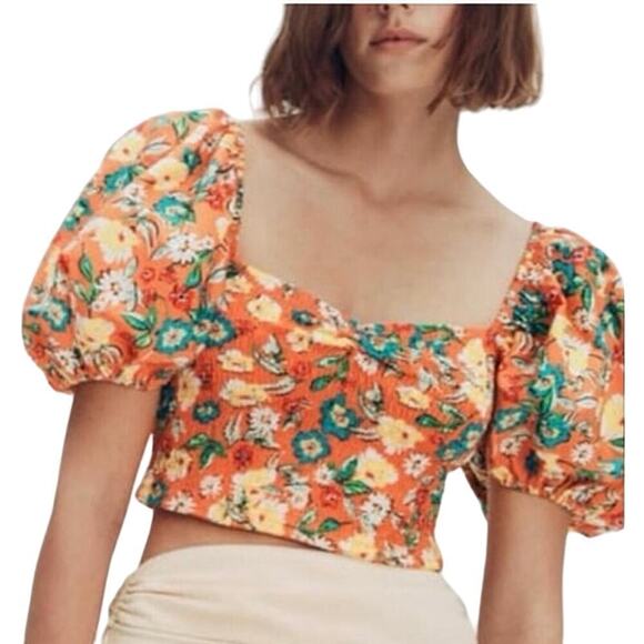 Zara Womens Balloon Sleeve Crop Top Flounce shirt Sz L Orange Floral Boho Fun - Picture 3 of 12
